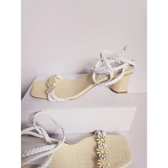 Schutz Hina Daisy Fairy Rafia Floral Lace Up White Block Heels Sandals Shoes 7.5 - Picture 6 of 14